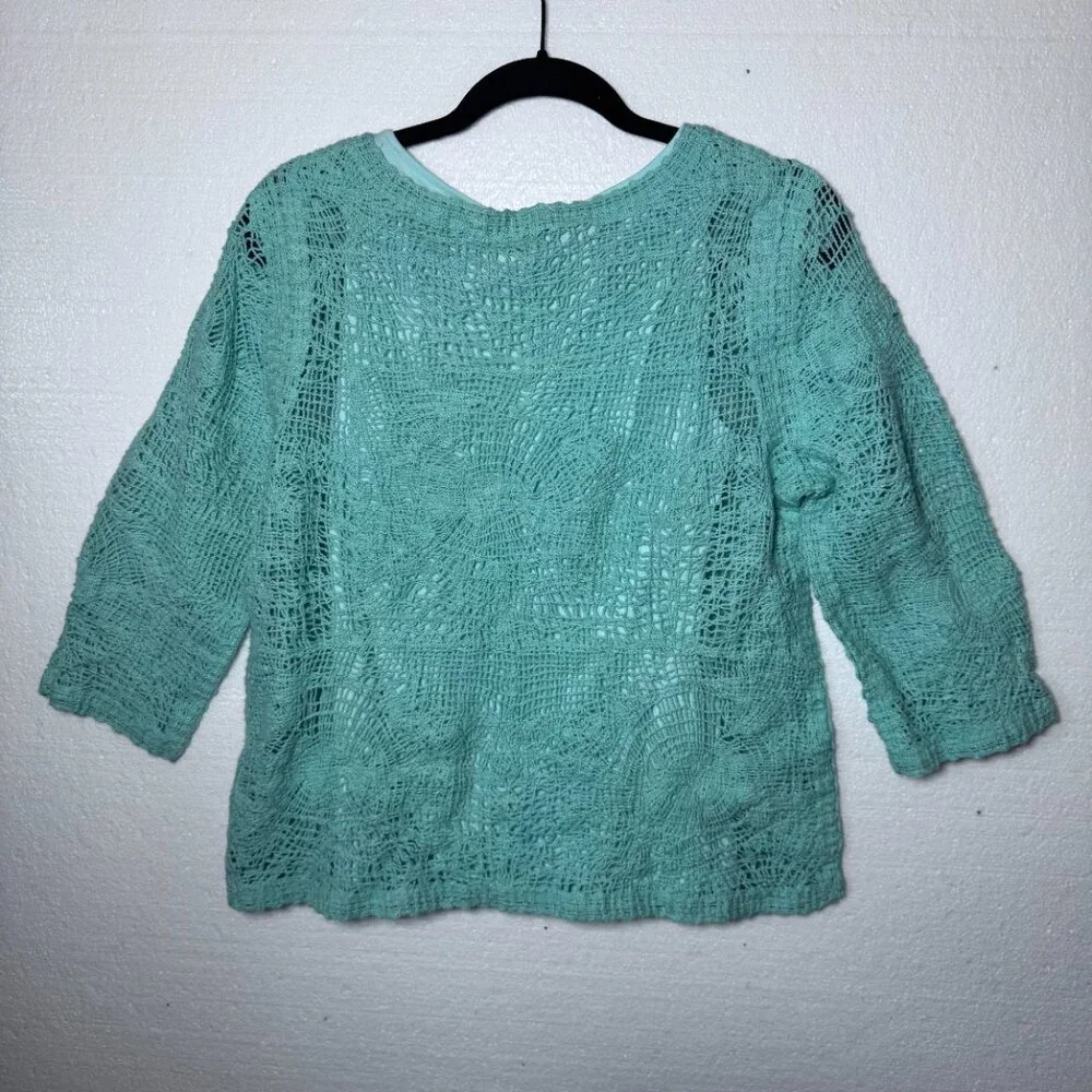Soft Surroundings Womens Medium Aqua Blue Crochet Boho Pullover Top 3/4 Sleeve